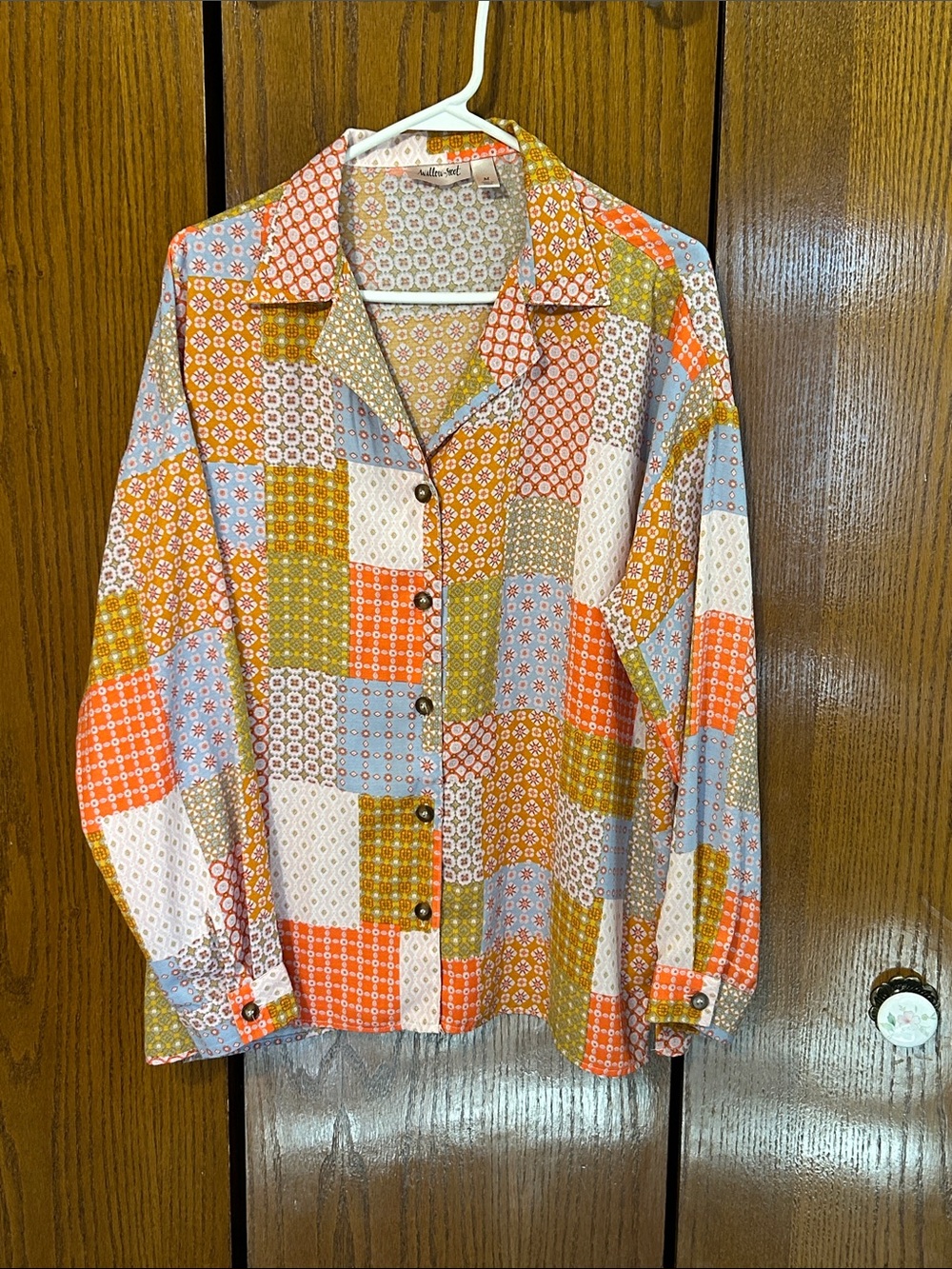 Long-Sleeve Patchwork Print Shirt - Orange Multi color polyester blouse
